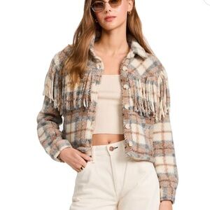 BLANKNYC Women’s Plaid Fringe Cropped Shacket XS NWOT